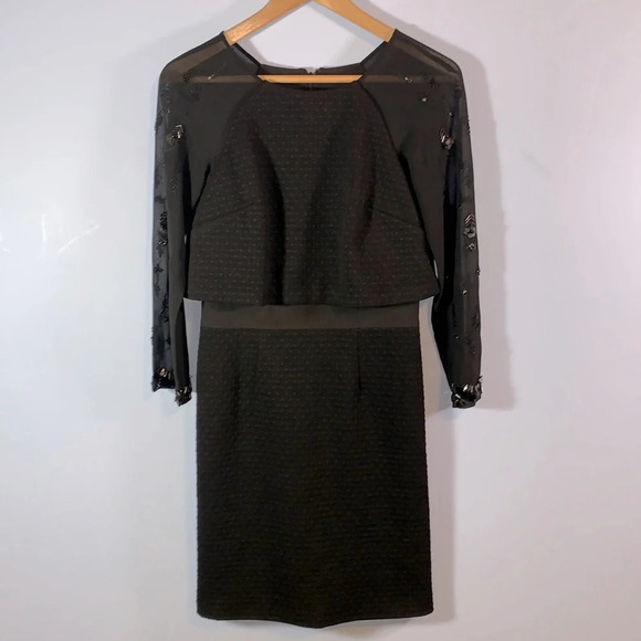 Karen Millen size 2 little black dress mini crew neck sheer beaded sleeves - Picture 1 of 9